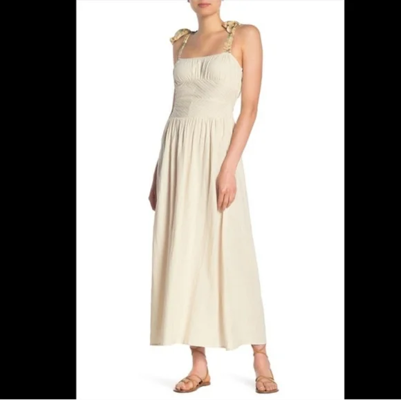 Free People Santorini Midi Dress Pleats Linen Contrast Tie Straps Siz 4 Ecru NWT - Picture 16 of 16